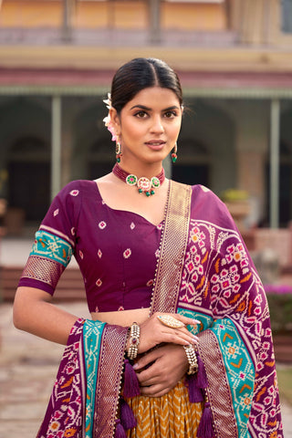 Mustard Captivating Tussar Silk Patola Printed Lehenga Choli Set ClothsVilla