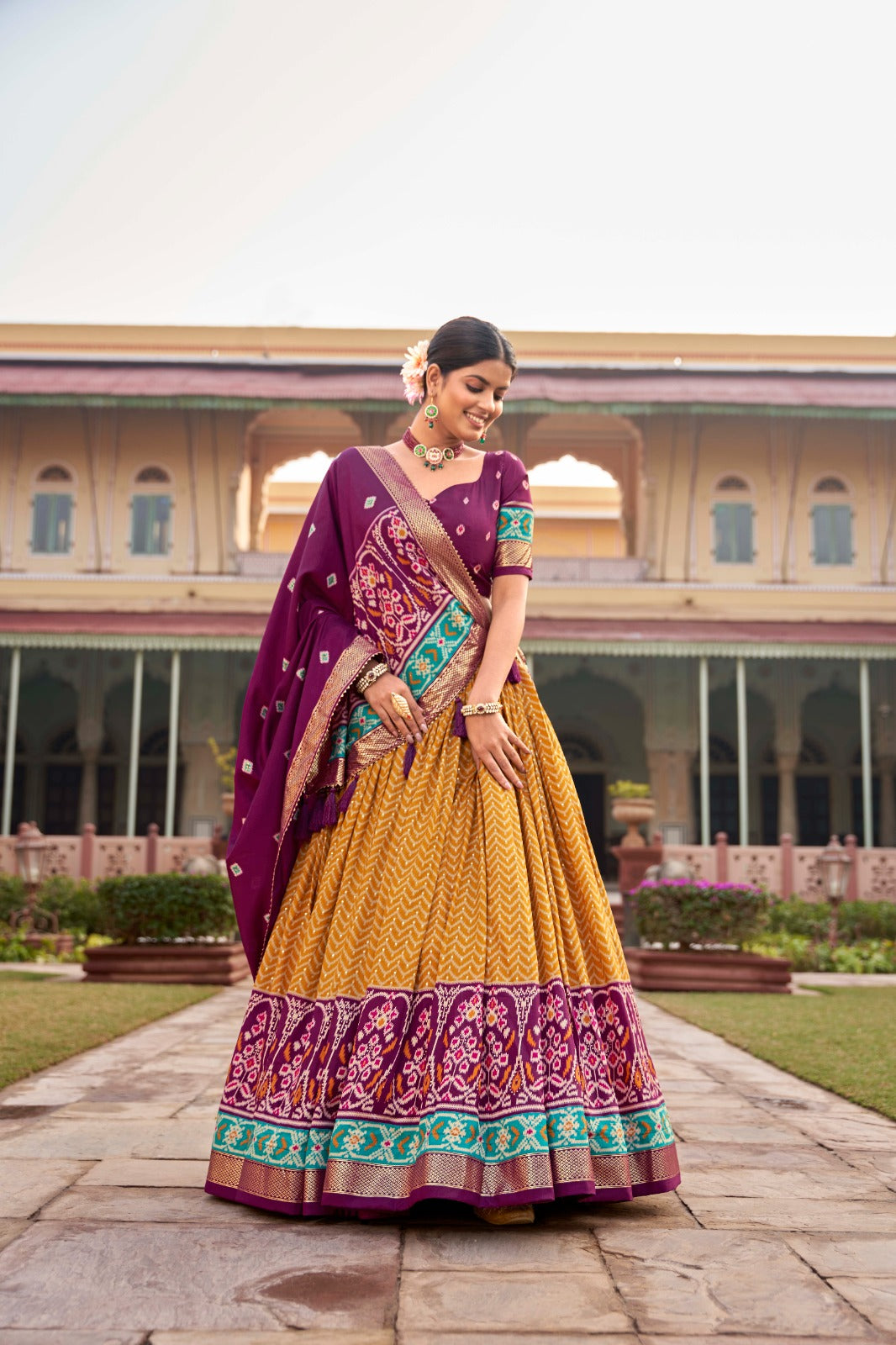 Mustard Captivating Tussar Silk Patola Printed Lehenga Choli Set ClothsVilla