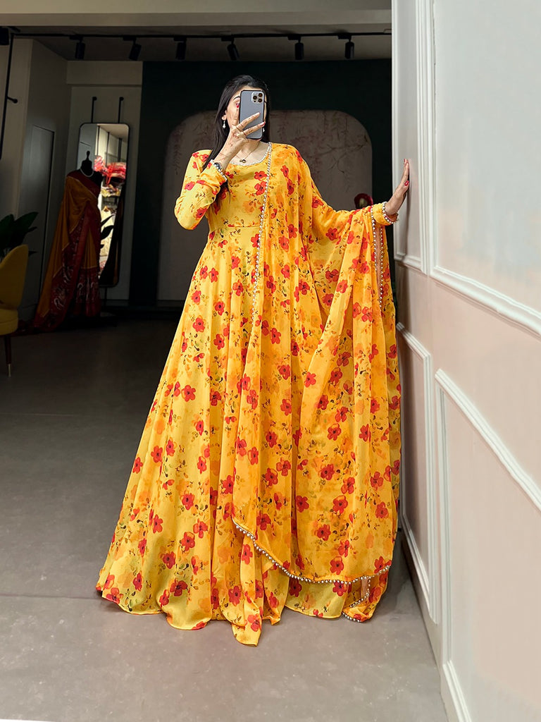 Mustard Color Captivate All Eyes in This Elegant Floral Printed Georgette Gown with Dupatta ClothsVilla