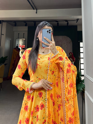 Mustard Color Captivate All Eyes in This Elegant Floral Printed Georgette Gown with Dupatta ClothsVilla
