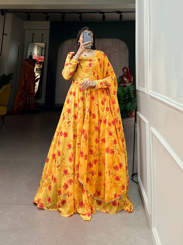 Mustard Color Captivate All Eyes in This Elegant Floral Printed Georgette Gown with Dupatta ClothsVilla