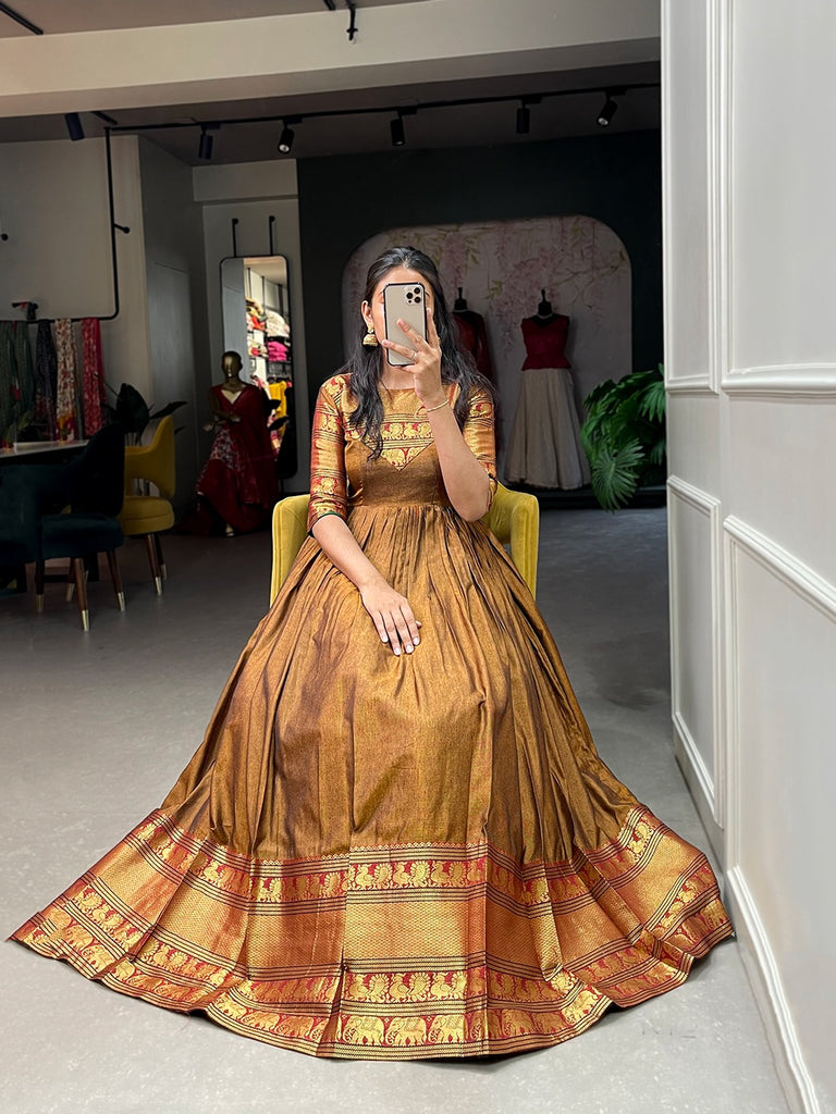 Mustard Color Exquisite Narayanpet Gown - South Indian Tradition Meets Modern Grace ClothsVilla