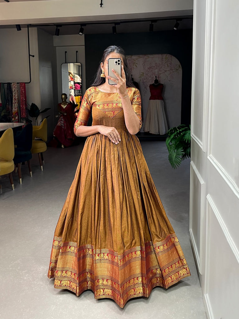 Mustard Color Exquisite Narayanpet Gown - South Indian Tradi Mustard Color Exquisite Narayanpet Gown - South Indian Tradi