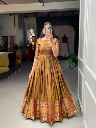 Mustard Color Exquisite Narayanpet Gown - South Indian Tradition Meets Modern Grace ClothsVilla