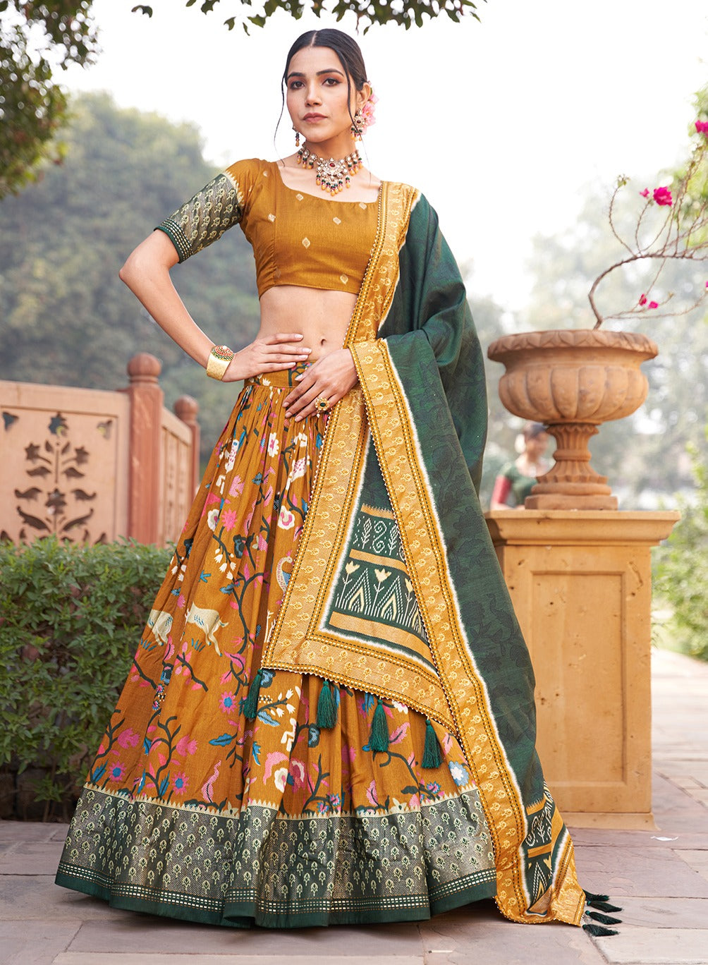 Mustard Color Mesmerize in Dola Silk Elegance Printed Lehenga Choli Set with Foil Work & Minakari ClothsVilla