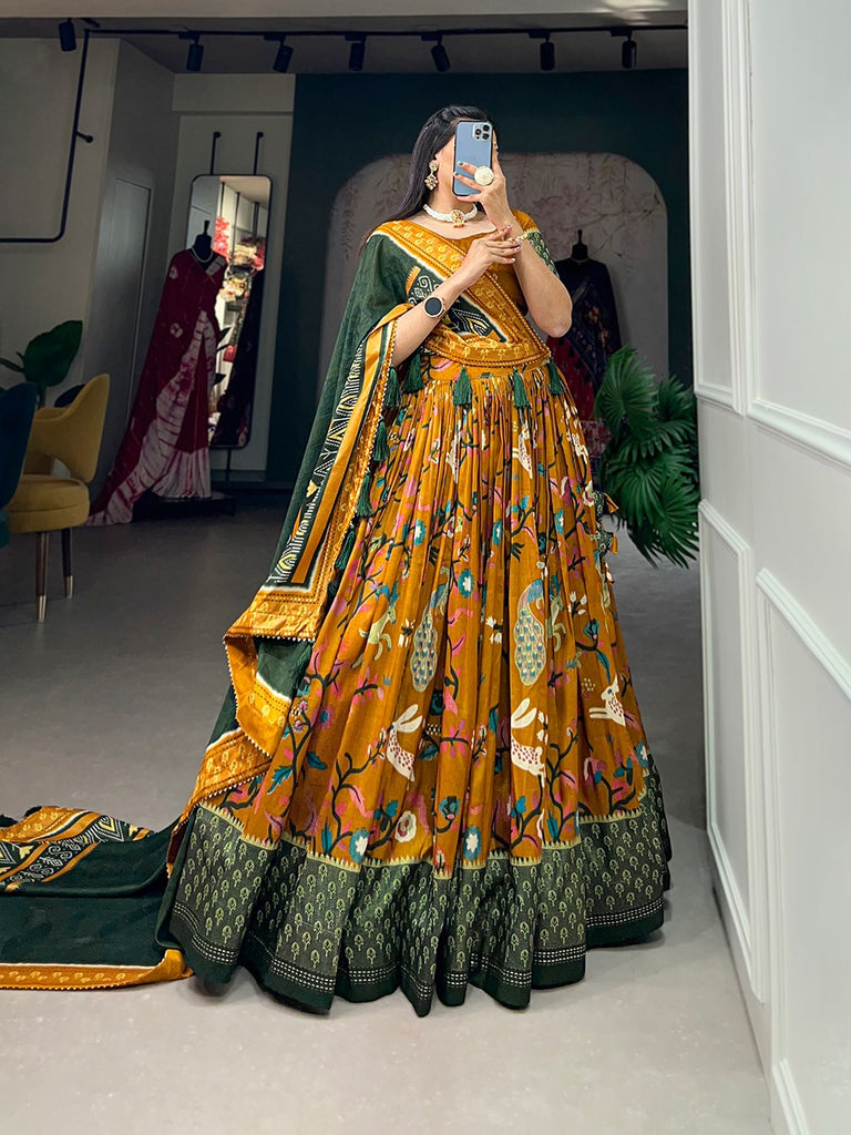 Mustard Color Mesmerize in Dola Silk Elegance Printed Lehenga Choli Set with Foil Work & Minakari ClothsVilla