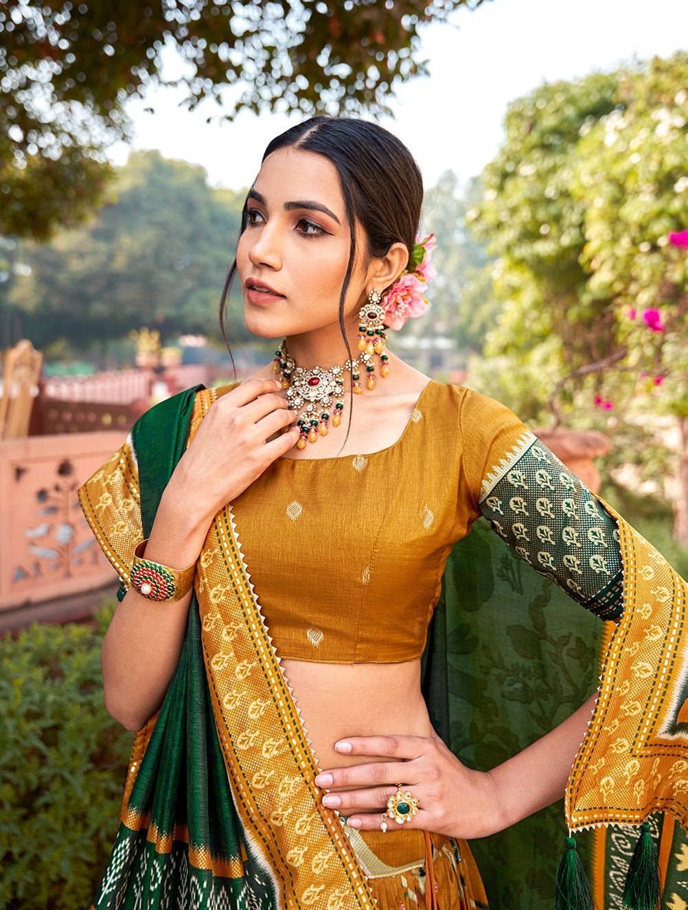 Mustard Color Mesmerize in Dola Silk Elegance Printed Lehenga Choli Set with Foil Work & Minakari ClothsVilla