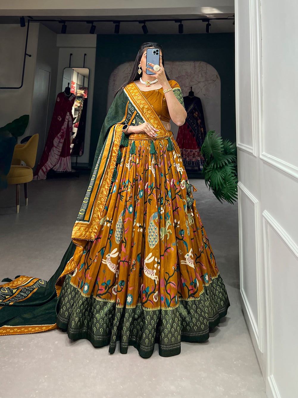 Mustard Color Mesmerize in Dola Silk Elegance Printed Lehenga Choli Set with Foil Work & Minakari ClothsVilla