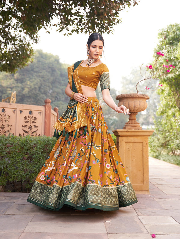 Mustard Color Mesmerize in Dola Silk Elegance Printed Lehenga Choli Set with Foil Work & Minakari ClothsVilla