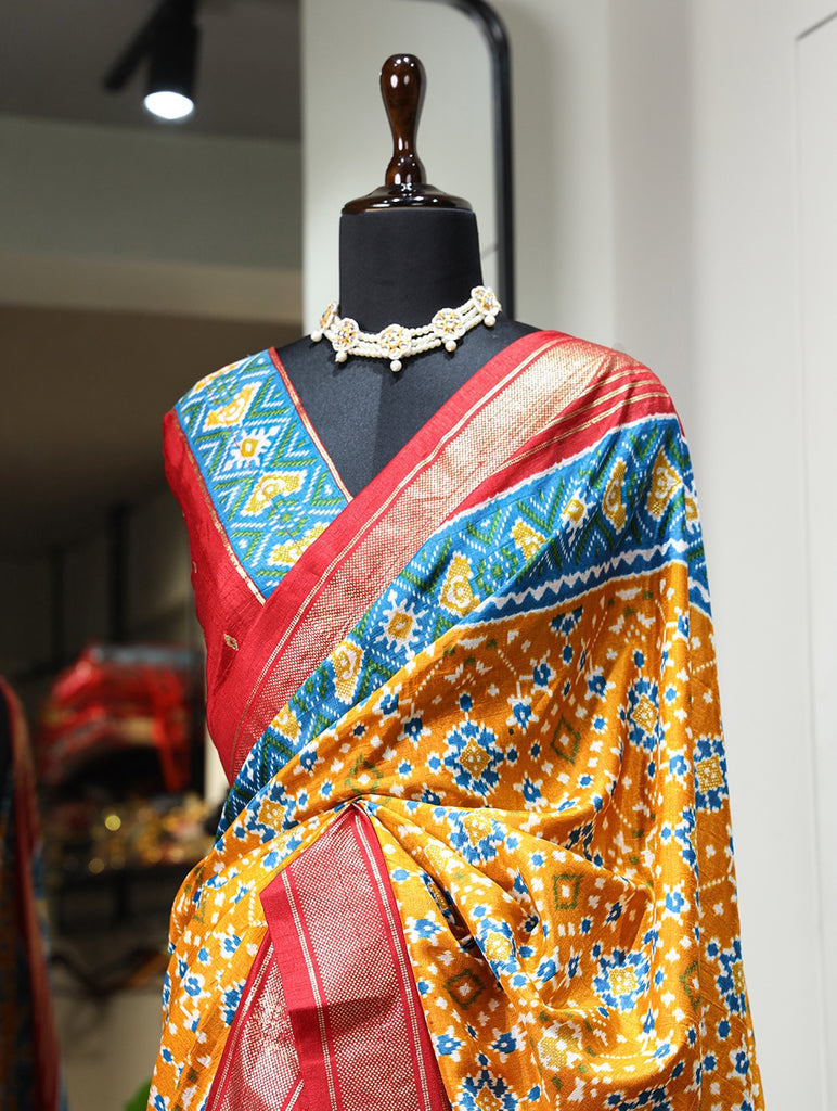 Mustard Color Patola with Foil Printed Dola Silk Saree Clothsvilla