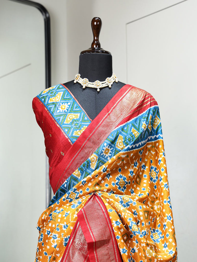 Mustard Color Patola with Foil Printed Dola Silk Saree Clothsvilla