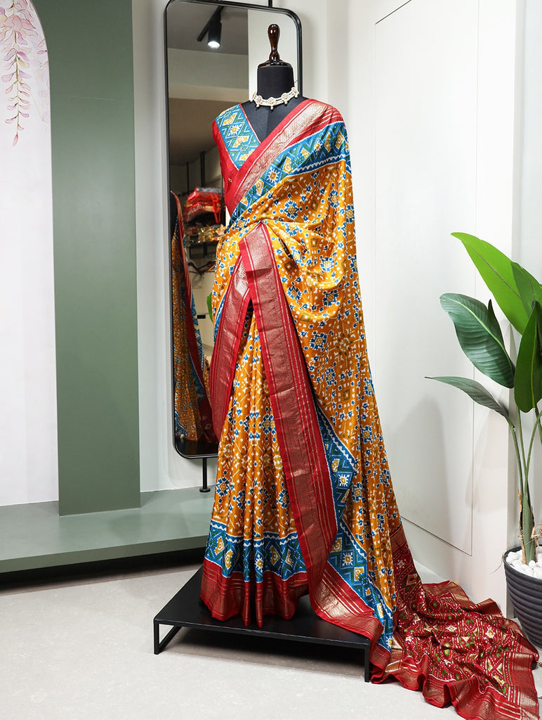 Mustard Color Patola with Foil Printed Dola Silk Saree Clothsvilla