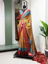 Load image into Gallery viewer, Mustard Color Patola with Foil Printed Dola Silk Saree Clothsvilla