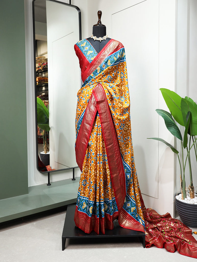 Mustard Color Patola with Foil Printed Dola Silk Saree Clothsvilla