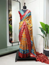 Load image into Gallery viewer, Mustard Color Patola with Foil Printed Dola Silk Saree Clothsvilla