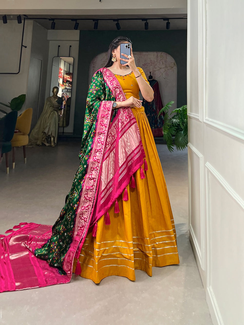 Mustard Color Pure Cotton Lehenga & Gaji Silk Dupatta Set with Gota & Mirrorwork ClothsVilla