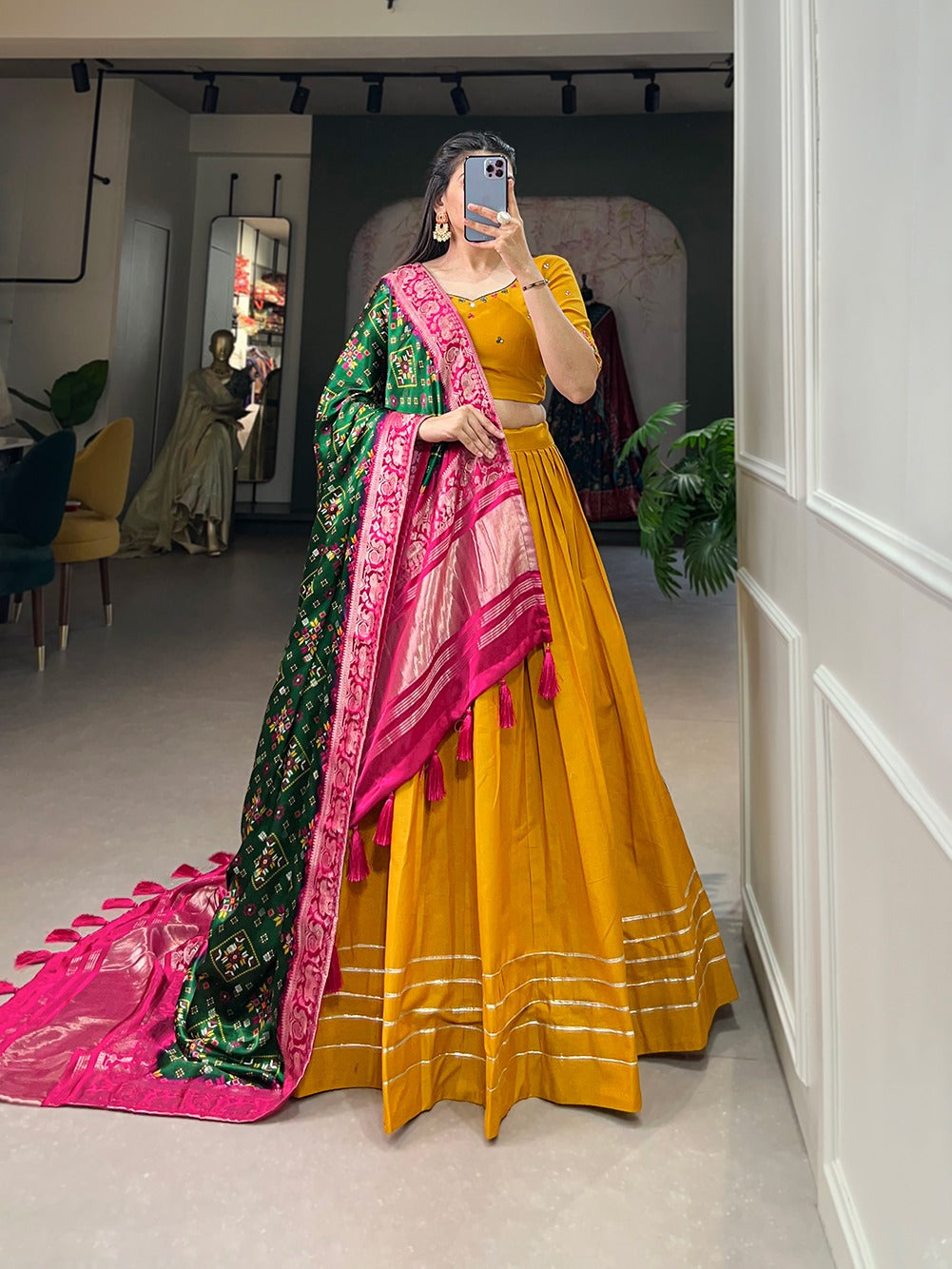 Mustard Color Pure Cotton Lehenga & Gaji Silk Dupatta Set with Gota & Mirrorwork ClothsVilla