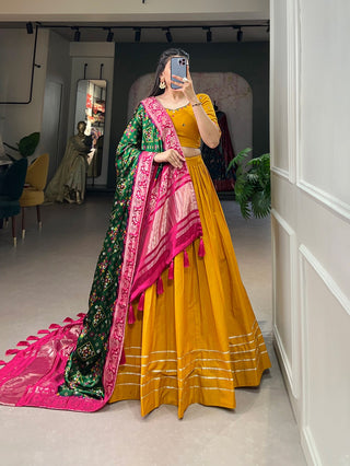 Mustard Color Pure Cotton Lehenga & Gaji Silk Dupatta Set with Gota & Mirrorwork ClothsVilla