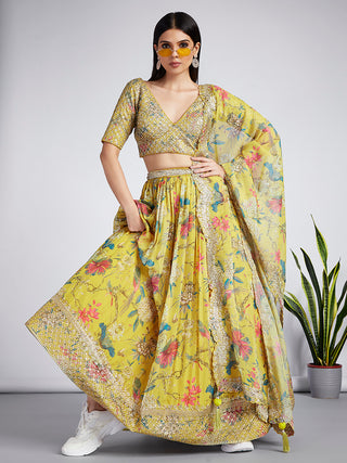 Mustard colour Organza Floral design digital print Semi-Stitched Lehenga choli & Dupatta ClothsVilla