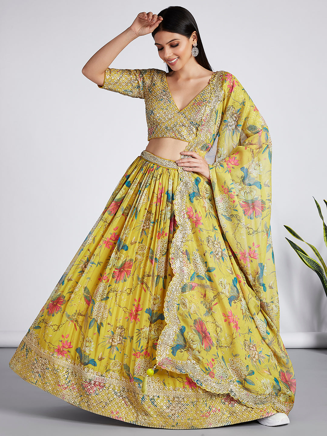 Mustard colour Organza Floral design digital print Semi-Stitched Lehenga choli & Dupatta ClothsVilla
