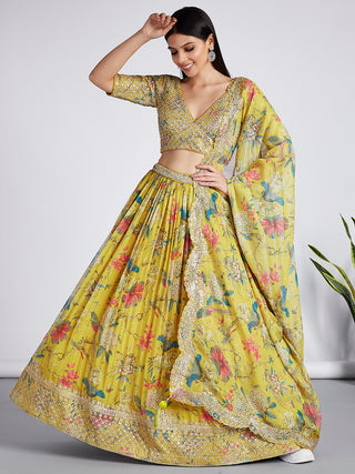 Mustard colour Organza Floral design digital print Semi-Stitched Lehenga choli & Dupatta ClothsVilla
