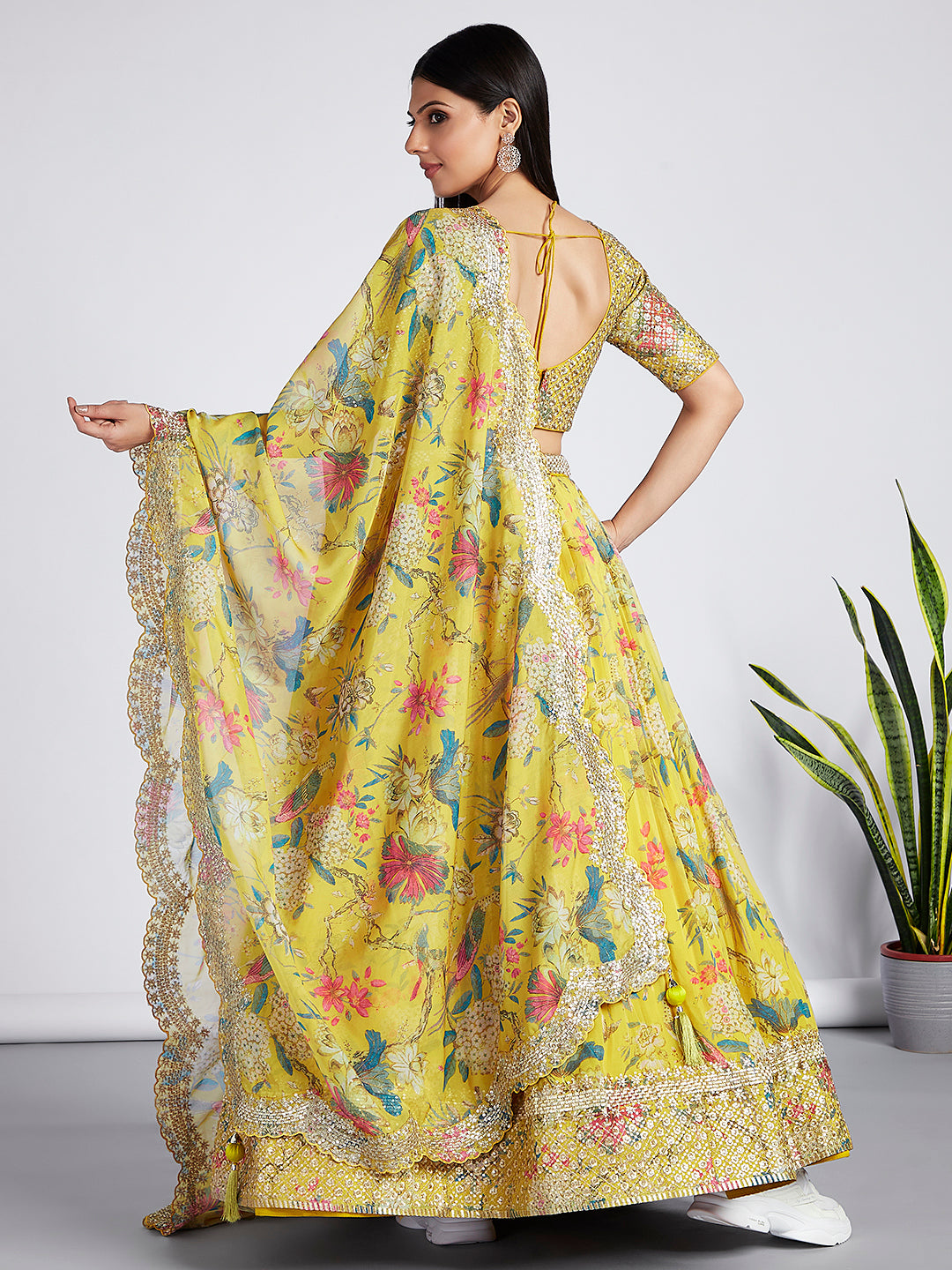 Mustard colour Organza Floral design digital print Semi-Stitched Lehenga choli & Dupatta ClothsVilla