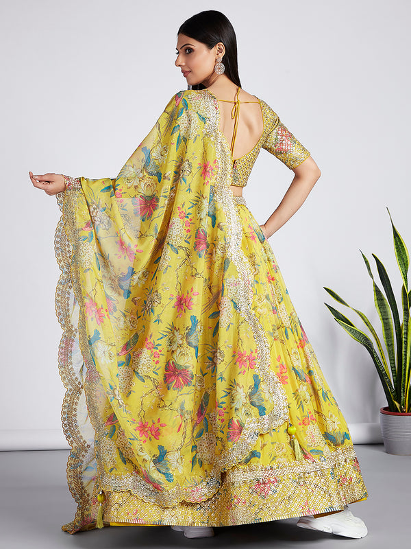 Mustard colour Organza Floral design digital print Semi-Stitched Lehenga choli & Dupatta ClothsVilla