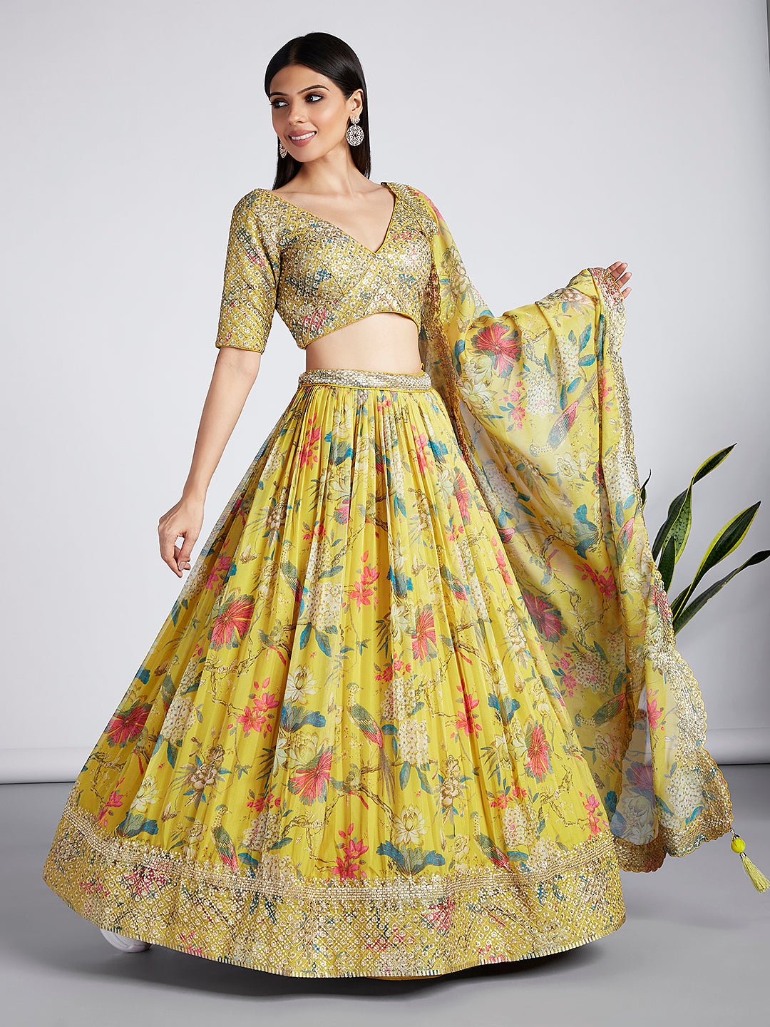 Mustard colour Organza Floral design digital print Semi-Stitched Lehenga choli & Dupatta ClothsVilla