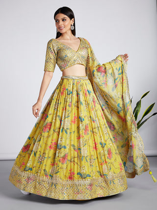 Mustard colour Organza Floral design digital print Semi-Stitched Lehenga choli & Dupatta ClothsVilla