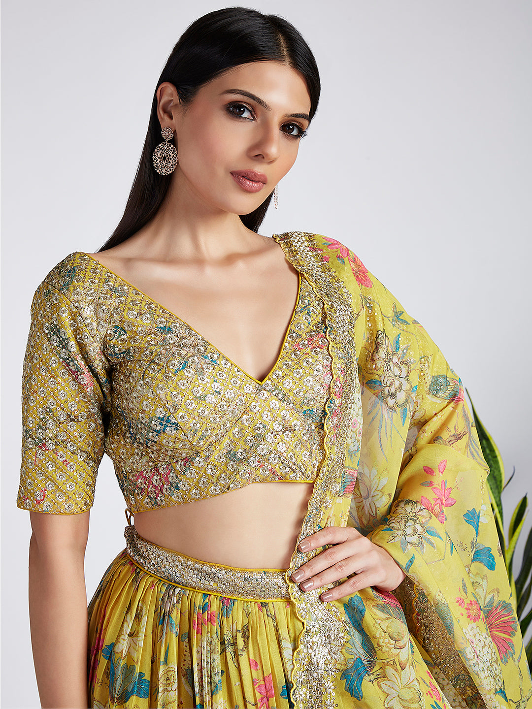 Mustard colour Organza Floral design digital print Semi-Stitched Lehenga choli & Dupatta ClothsVilla