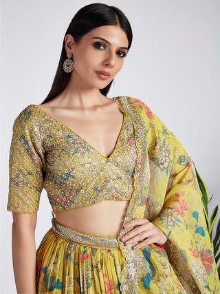 Mustard colour Organza Floral design digital print Semi-Stitched Lehenga choli & Dupatta ClothsVilla