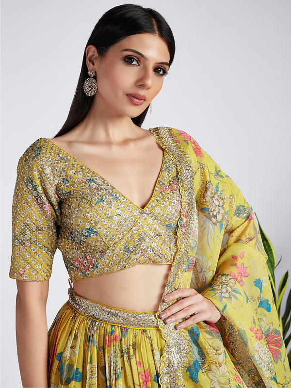 Mustard colour Organza Floral design digital print Semi-Stitched Lehenga choli & Dupatta ClothsVilla