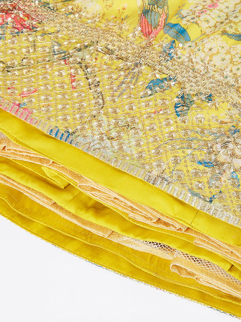 Mustard colour Organza Floral design digital print Semi-Stitched Lehenga choli & Dupatta ClothsVilla