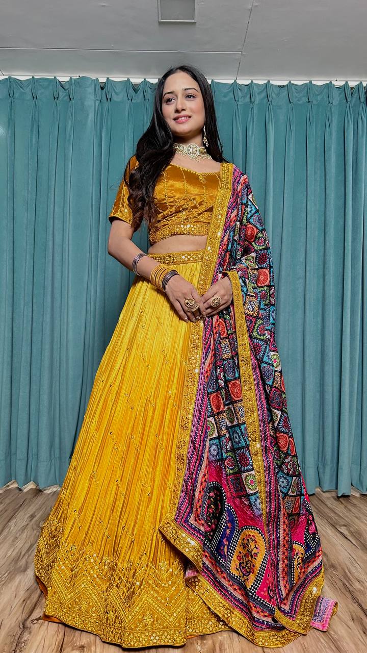 Mustard Cultural Grace – Elegant Chinon Silk Lehenga Set ClothsVilla