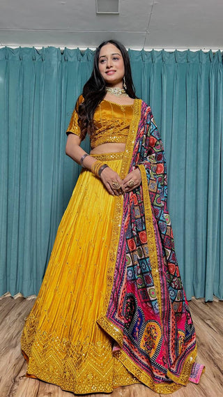 Mustard Cultural Grace – Elegant Chinon Silk Lehenga Set ClothsVilla