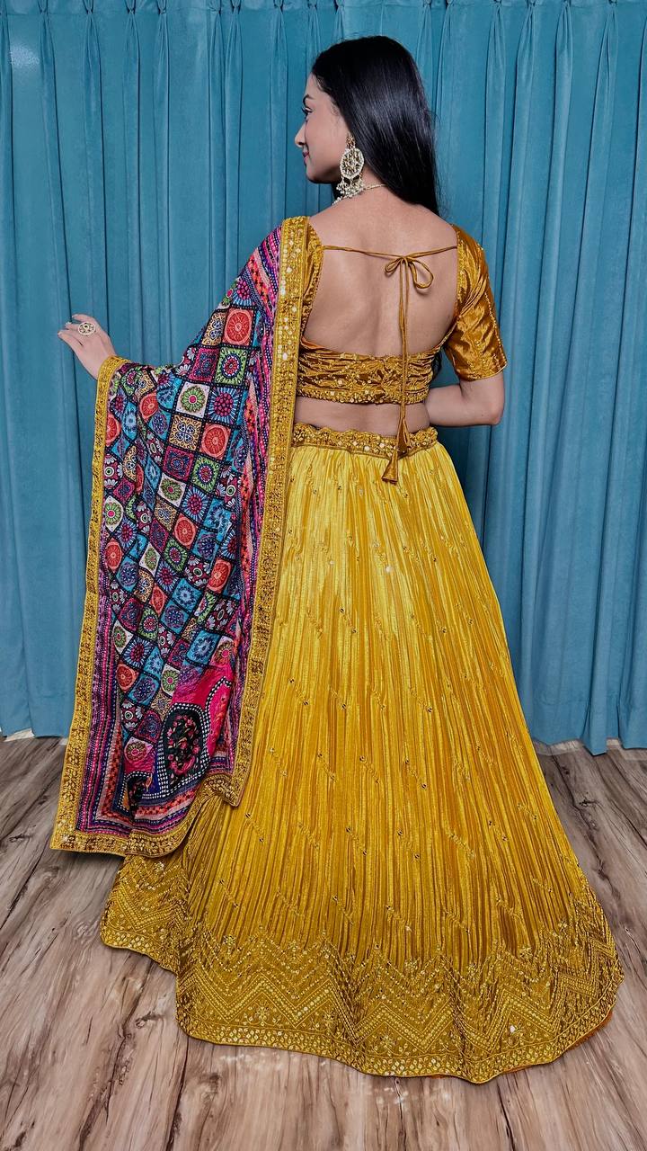 Mustard Cultural Grace – Elegant Chinon Silk Lehenga Set ClothsVilla