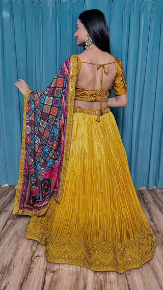 Mustard Cultural Grace – Elegant Chinon Silk Lehenga Set ClothsVilla