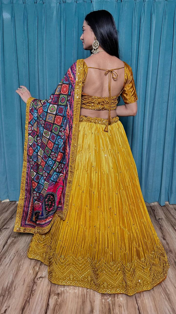 Mustard Cultural Grace – Elegant Chinon Silk Lehenga Set ClothsVilla