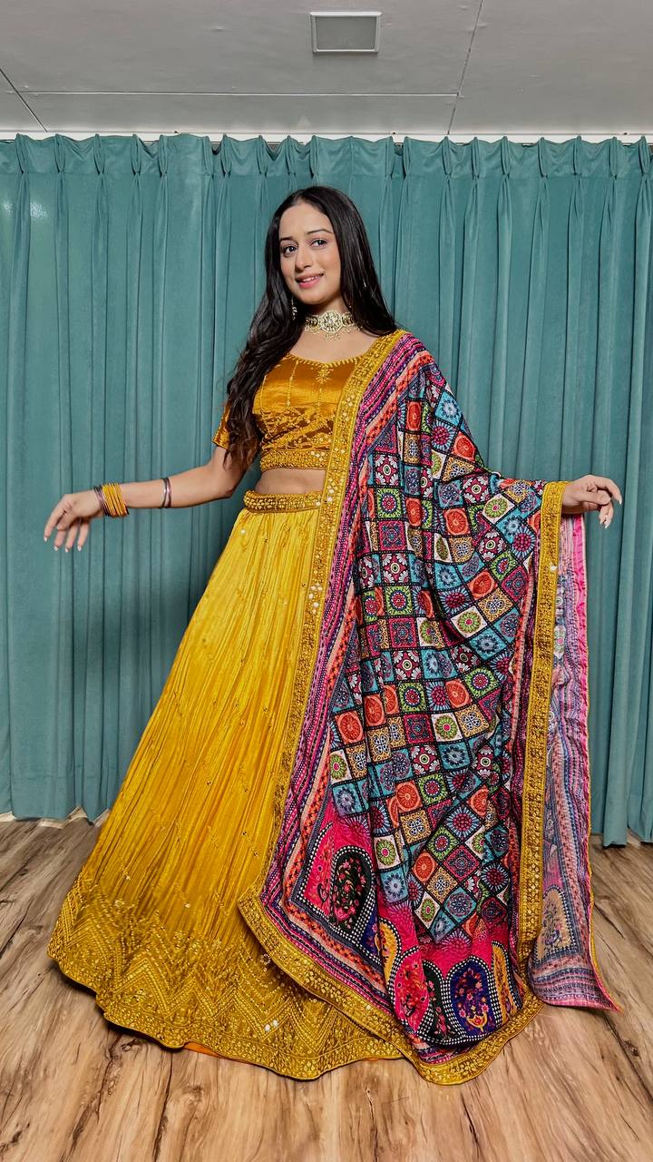 Mustard Cultural Grace – Elegant Chinon Silk Lehenga Set ClothsVilla