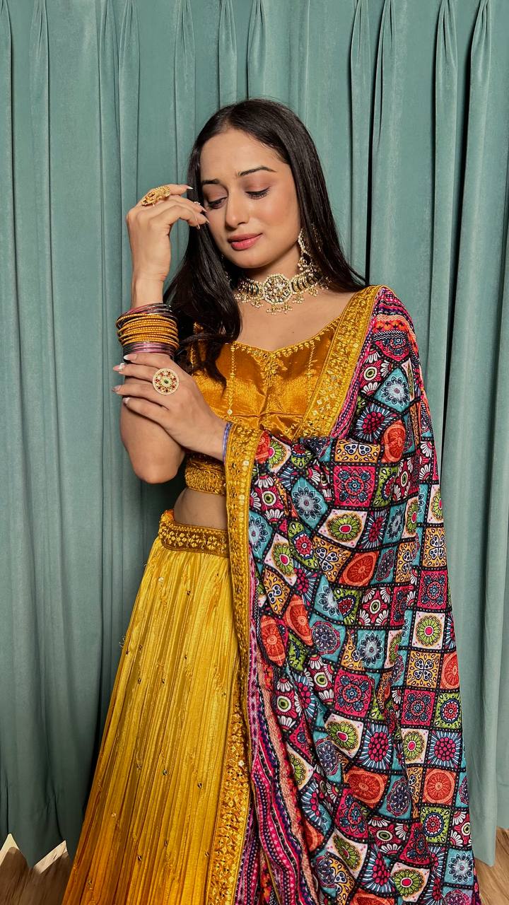 Mustard Cultural Grace – Elegant Chinon Silk Lehenga Set ClothsVilla