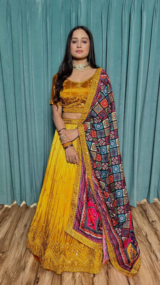 Mustard Cultural Grace – Elegant Chinon Silk Lehenga Set ClothsVilla