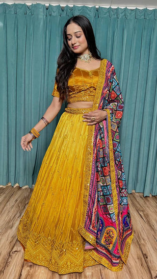 Mustard Cultural Grace – Elegant Chinon Silk Lehenga Set ClothsVilla