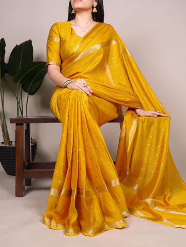Mustard Designer Crepe Weaving Saree with Matching Unstitched Crepe Blouse – Elegant Traditional Wear ClothsVilla