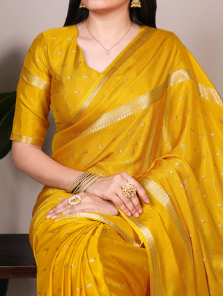 Mustard Designer Crepe Weaving Saree with Matching Unstitched Crepe Blouse – Elegant Traditional Wear ClothsVilla
