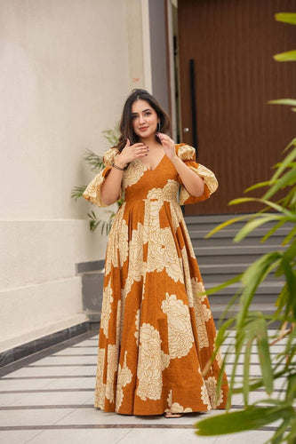 Mustard Designer Maslin Digital Print Gown Suit with Micro Cotton Pants ClothsVilla