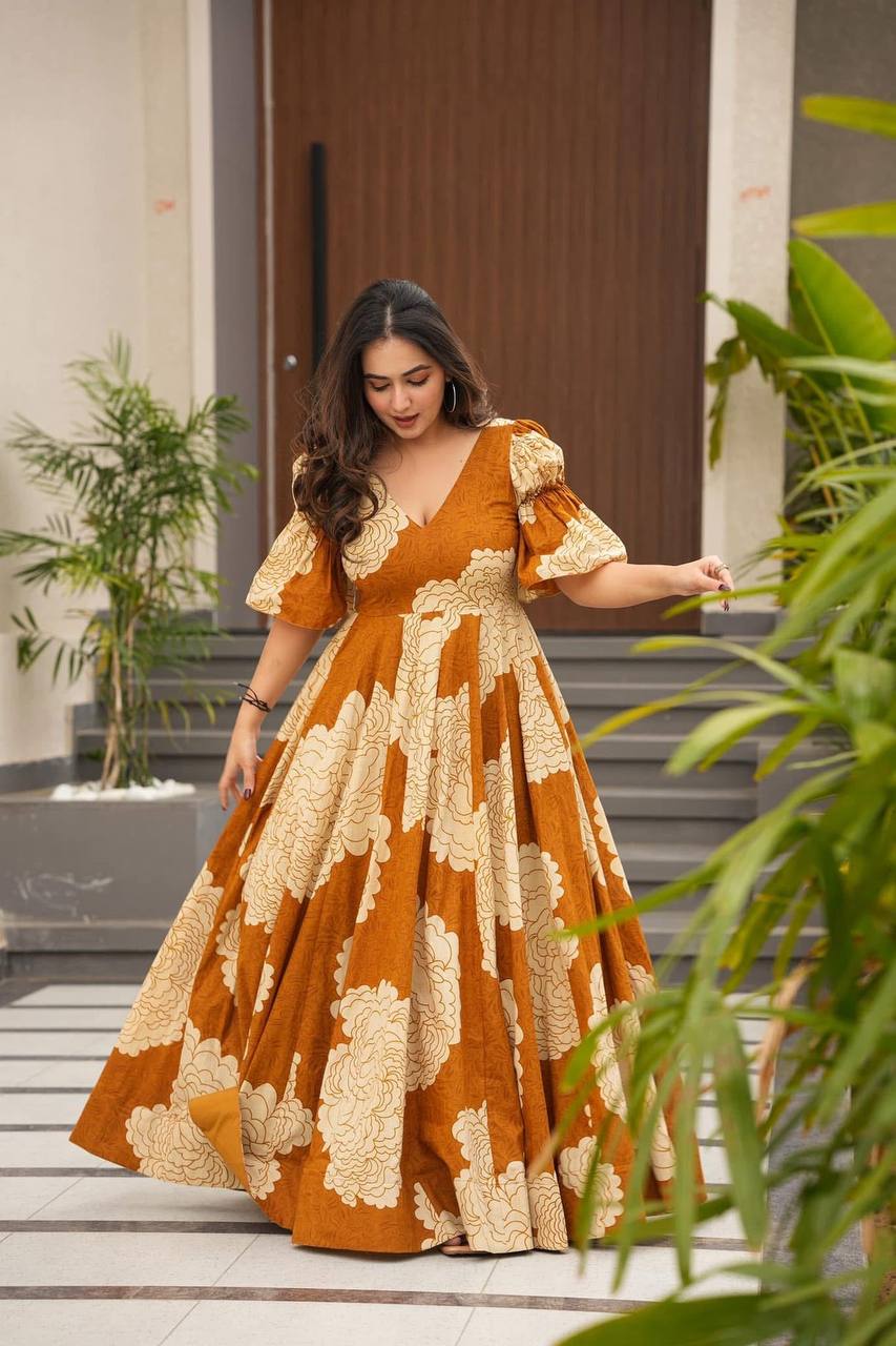 Mustard Designer Maslin Digital Print Gown Suit with Micro Cotton Pants ClothsVilla