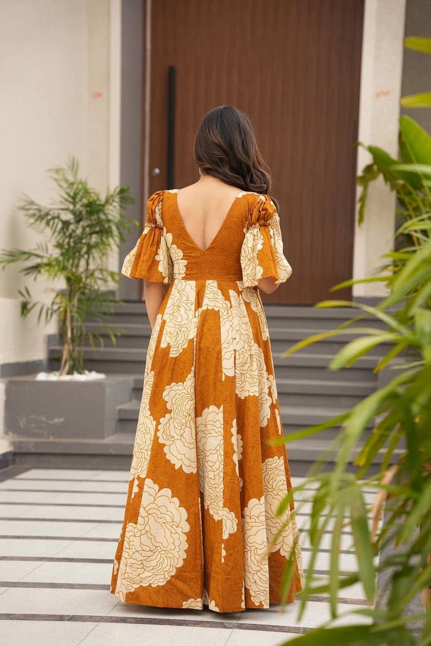 Mustard Designer Maslin Digital Print Gown Suit with Micro Cotton Pants ClothsVilla
