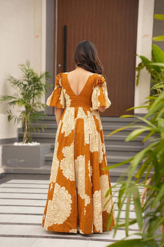 Mustard Designer Maslin Digital Print Gown Suit with Micro Cotton Pants ClothsVilla