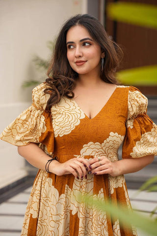 Mustard Designer Maslin Digital Print Gown Suit with Micro Cotton Pants ClothsVilla