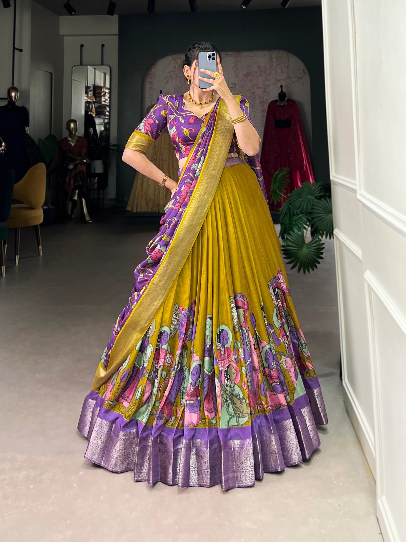 Mustard Dola Silk Kalamkari Lehenga Set with Zari Weaving Border